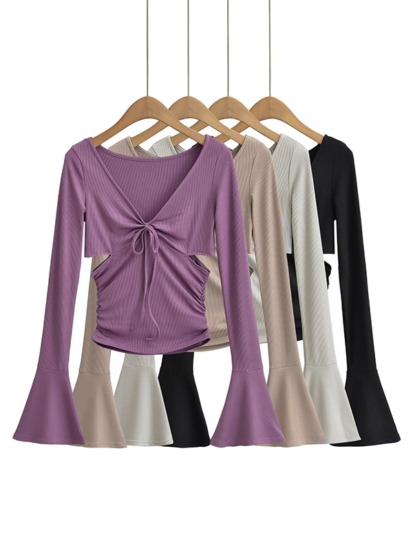 Solid V Neck Side Cutout Trumpet Sleeve Long Sleeve Knit