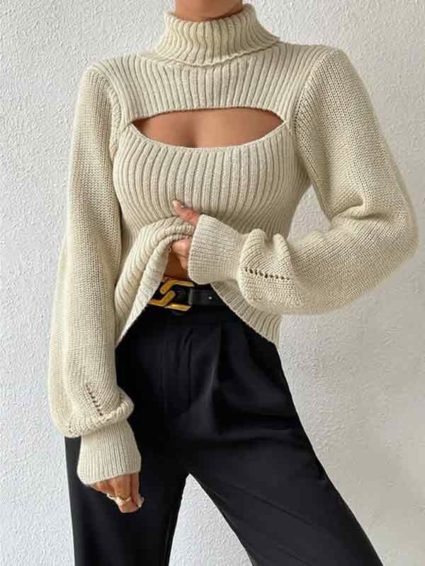 Solid Cutout High Neck Sweater