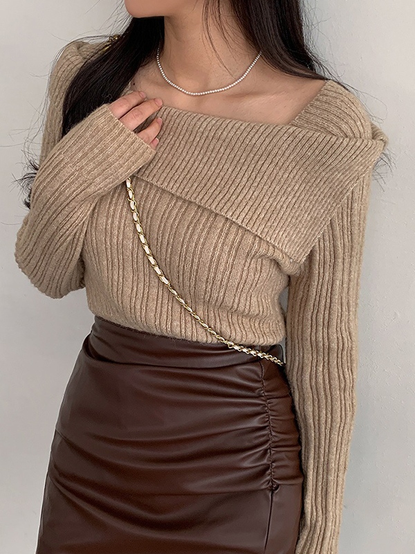 Solid Lapel Neck Slim Knit Sweater