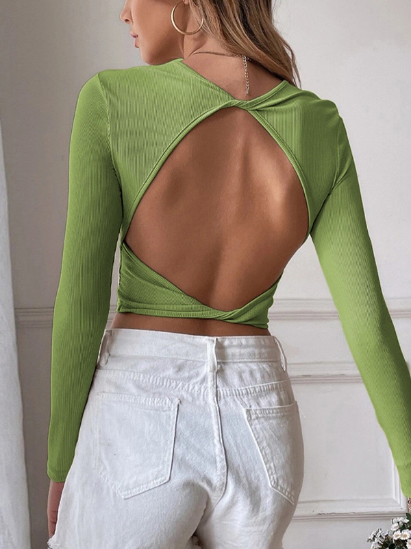 Solid Cutout Backless Twist Back Long Sleeve Knit