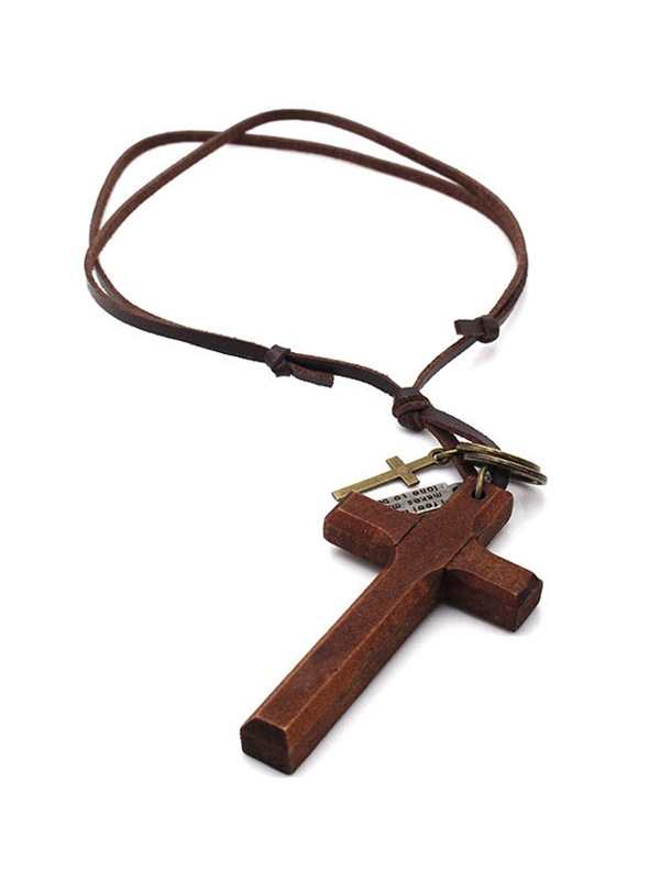 Wooden Cross Pendant Leather Necklace
