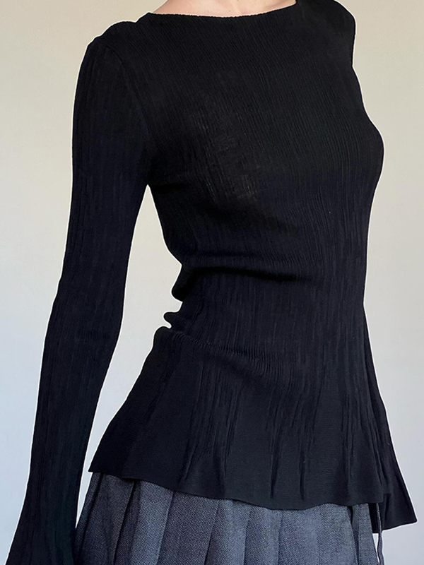 Solid Textured Trumpet Sleeve Long Sleeve Knit