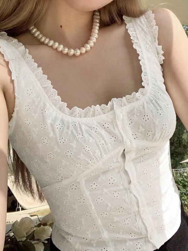 French Cutout Trim U Neck Tank Top