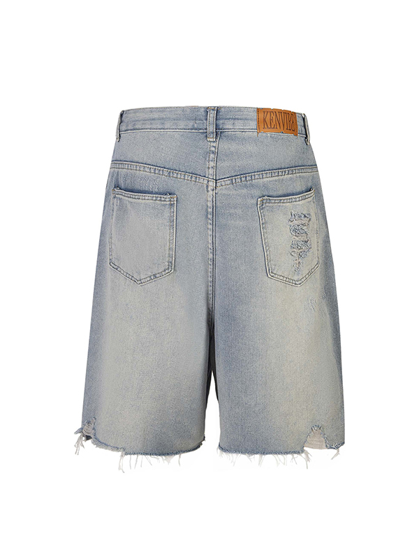 Men’S Washed Distressed Rhinestones Ripped Denim Shorts