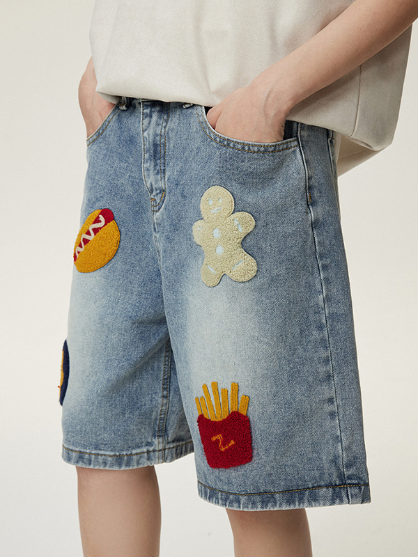 Men’S Denim Distressed Embroidery Straight Loose Shorts