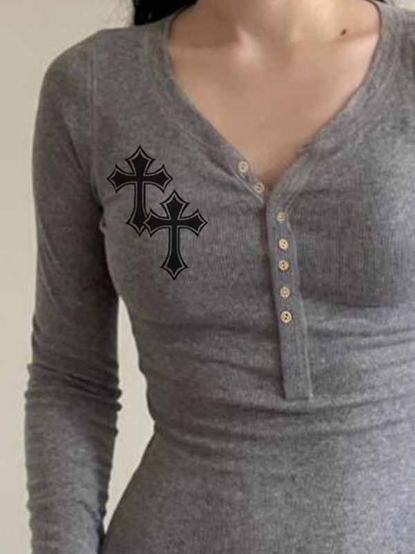 Cross Print Button Crewneck Slim Long Sleeve Knits