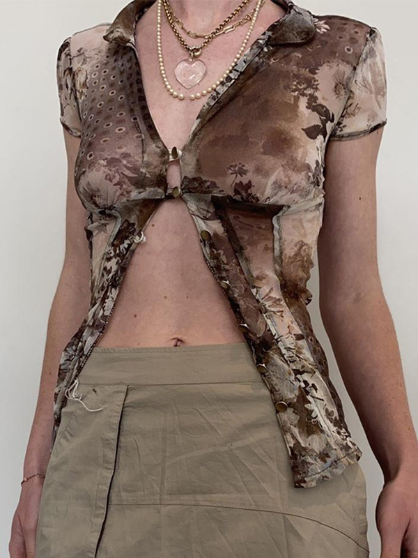 Retro Printed Hollow Thin Short Sleeves Shirts